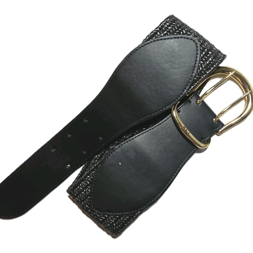 Ralph Lauren Black Statement Belt Leather Buckle Womens XS Stretch NEW 2.5"WIDE